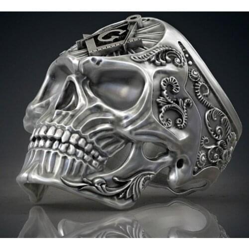 New Exaggerated Skull Shape Masonic Pattern Ring Mens Ring Metal Silver-Plated Ring Accessories Party Jewelry Size 8 ~ 13