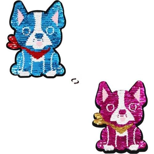 Cute Patch deal with it clothes t shirt women 185mm AB Cartoon dog Reversible change color sequins biker patches for clothing