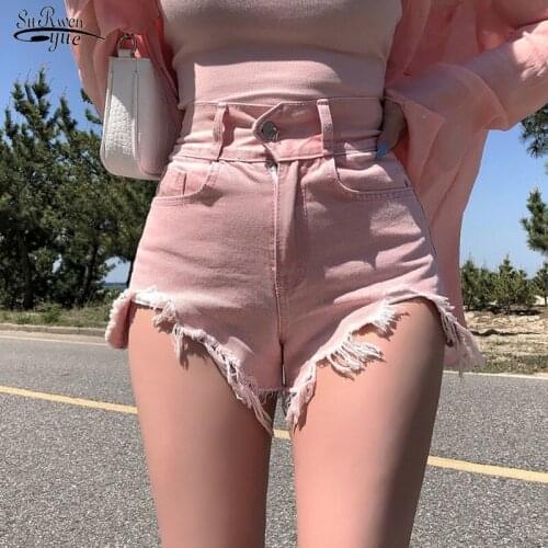 2021 Sexy Thin Pink Denim Shorts Korean New High Waist Pierced Hot Pants Vintage High Waist Shorts Women Summer Spodenki 14014