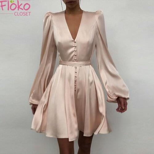 Flokocloset V-Neck Print Lantern Sleeve Solid Long Sleeve Mini Dress Causal Autumn Office Lady Elegant Party Dresses
