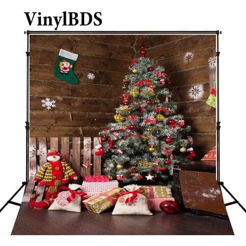 VinylBDS Photo Background Christmas Backdrop Christmas Tree Decorations Wood Floor Photo Snowflakes Backdrops for Photo Stuio