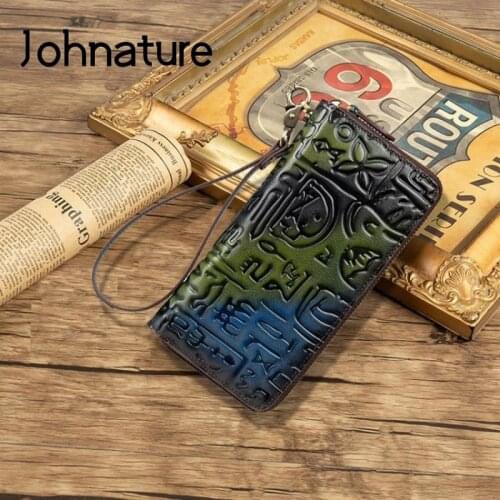Johnature Retro Embossed Wallets Card Holder 2020 New Genuine Leather Women Large Clutch Wallet First Layer Cowhide Phone Purse