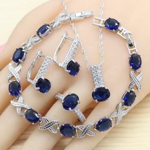 Royal Blue Semi-precious Women Bridal Silver Color Jewelry Sets Hoop Earrings Bracelet Rings Necklace Pendant Gift Box 2019 New