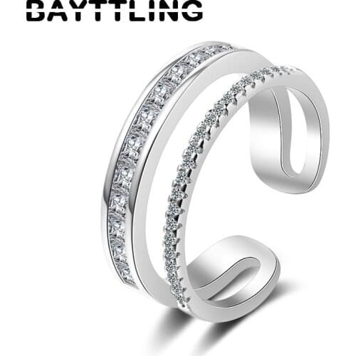 BAYTTLING 925 Sterling Silver/Rose Gold Open Ring For Women Fashion Zircon Double Layer Ring Jewelry Gift