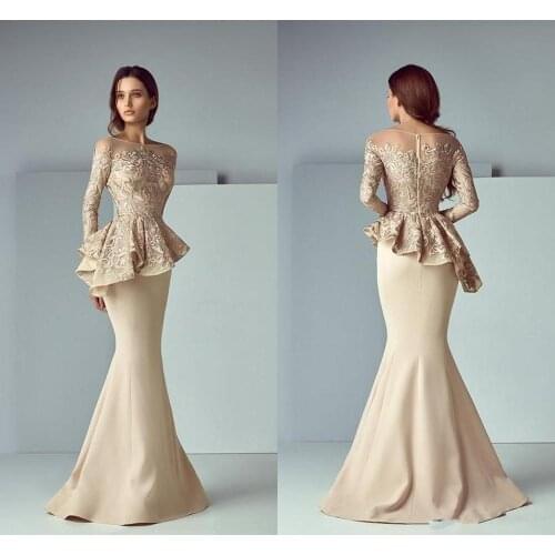 Champagne Lace Stain Peplum Long Evening Formal Wear Dresses 2020 jewel Neck Long Sleeve Dubai Arabic Mermaid Prom Dress