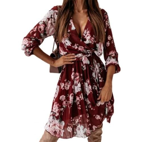 Summer Chic Floral Print Wrap Dress Pleated Flowy Hem Midi Dress Floral Print Sweet Elastic Waist V-Neck Women Boho Dress