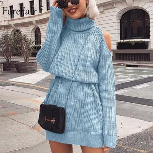 Forefair Sexy Turtleneck Sweater Dress Winter Autumn 2019 Ladies Off Shoulder Casual Slim Oversized Warm Knitted Dress Women
