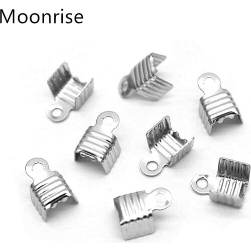 100Pcs/Lot Stainless Steel Fold Over Crimp Cord End Leather Ribbon End Clasp Tips End Clamp Connector Components Jewelry Making
