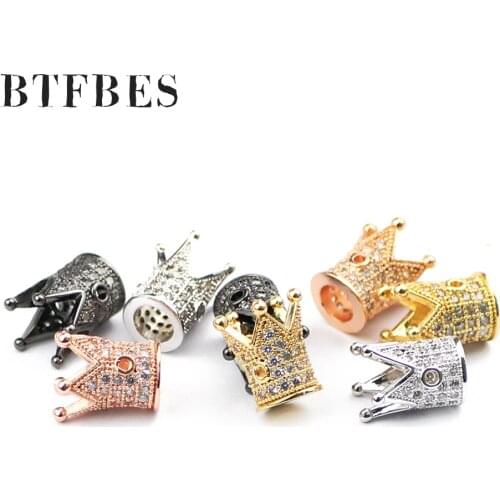 BTFBES Top Quality 8mm Crown Copper Beads 4pcs White Zircon Micro Pave Charms Loose Bead Jewelry bracelet making DIY Accessories