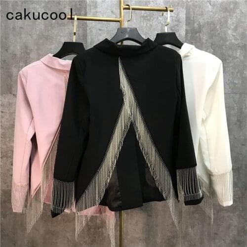 Cakucool Women Formal Jacket Runway Design Turn-down Collar Slit Back Tassels Single Button Coat Chic Korean Outerwear Female