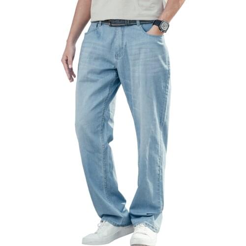 Summer loose mens jeans straight big size loose stretch denim trousers hip-hop streetwear blue trousers