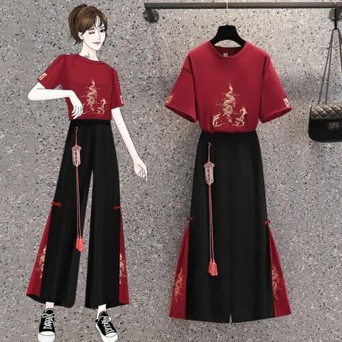 Chinese Style Retro Embroidery T-shirt Short Sleeve Elastic High Waist Patchwork Wide Leg Pants Improved Hanfu Women 2 Piece Set