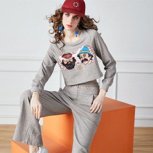 2 Pieces Sets Hoodies Sweatshirt And Pants Crop Tops Printing Pullovers Hollow Out Zip Up Wide Leg Sweatpants Women Streetwear