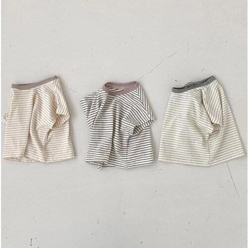 Korean Baby Boys Girls Cotton Striped T-shirt Kids Summer Casual Short Sleeve T-shirts Tops