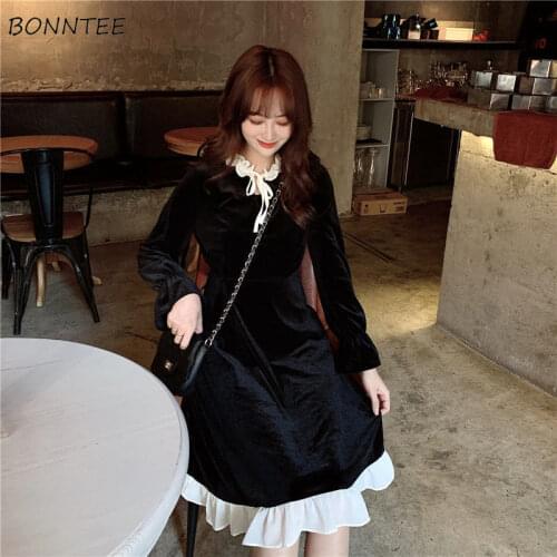 Dress Women Lovely Retro Long Sleeve Elegant Female Design A-line Black Vestido Patchwork Ruffles Soft Midi Vintage Fashion Fall