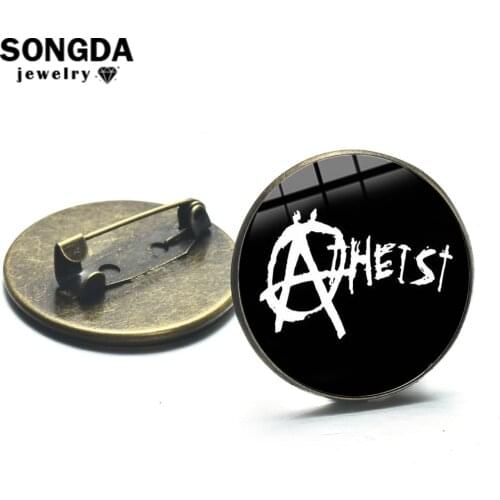 SONGDA Minimalism Black Atheist Brooches Atheism Symbol Glass Art Round Alloy Lapel Pins Button Icons Badges Gift for Women Men
