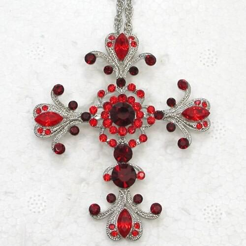 Red Rhinestone Cross Fashion Pendant Necklaces Chain Jewelry F021 C