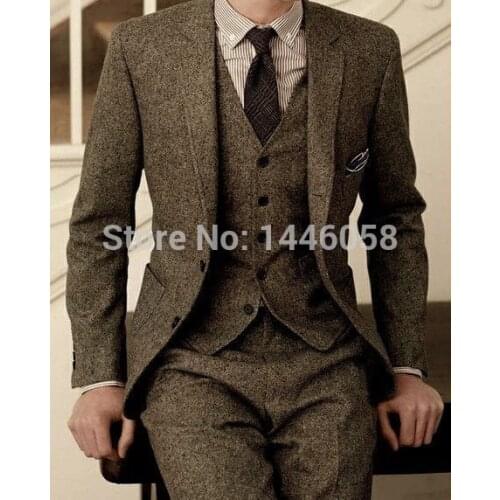 2020 Latest Coat Pant Designs Winter Brown Tweed Business Formal Wedding Suits 3 Piece Slim Fit Mens Groom Tuxedo Masculino