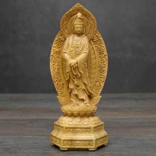 20CM Boxwood Guanyin Lotus Handheld Rosary Guanyin Bodhisattva Sculpture Home Worship Buddha Statue Home Decor