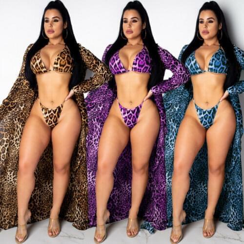 Sexy Women Leopard Bikini Set Push-Up Padded Swimwear Long Sleeve Cover Up Bathing Suit Beachwear Swimming Suit