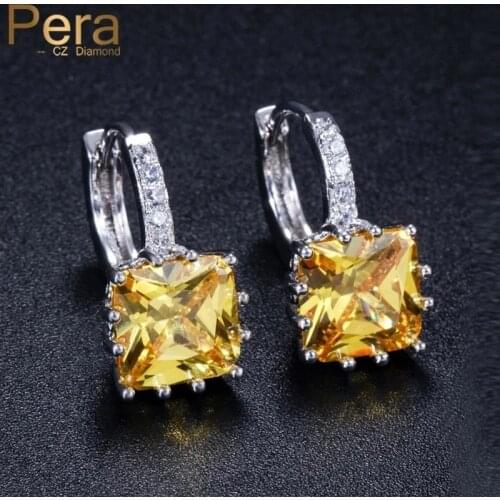 Pera Wholesale Gorgeous Silver Color Tiny Square Unique Yellow Stone Fashion CZ Crystal Stud Earrings Jewelry for Women E082