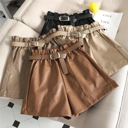 Spring Autumn Women PU Shorts High Waist Wide leg Shorts Ladies All Match Sashes Leather Shorts Female Casual Black Shorts A1674