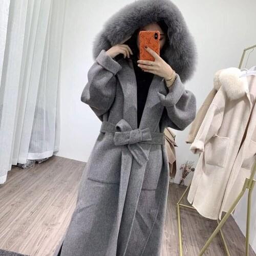 MENINA BONITA Real Fur Coat Winter Jacket Women Natural Fox Fur Collar Hood Cashmere Wool Blends x-Long Outerwear Streetwear
