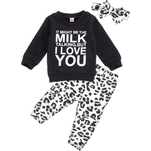 Autumn Spring Baby Boys Girls Tracksuit Clothes Sweatshirt Letter Tops Sweater Leopard Trousers Pants Headband 3Pcs Set Outfits