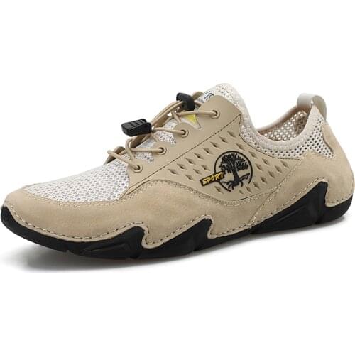 Luxury Genuine Leather Mens Casual Shoes Summer Cool Breathable Mesh Mens Sport Shoes Outdoors Walking Driving Shoes for Men