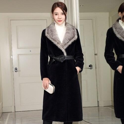 2020 Sheep Shearing Real Fur Coat Women Wool Jacket Mink Fur Collar Autumn Winter Jacket for Women Abrigo Mujer F17RT1799 KJ2506