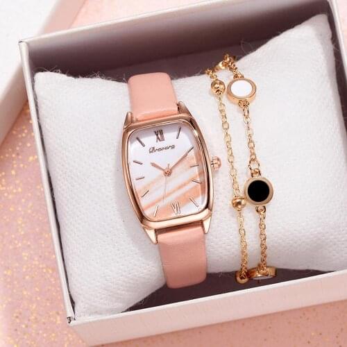 Pink Marble Dial Womens Leather strap Quartz Bracelet Ladies Wrist Watch With Bracelet Plush Gold Jewelry Clock Gift