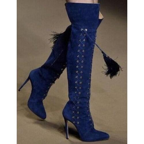Moraima Snc Woman Runway Pointed Toe Suede Leather Lace-up Tassels Over Knee Boots Charming Fringes Long High Heel Boots