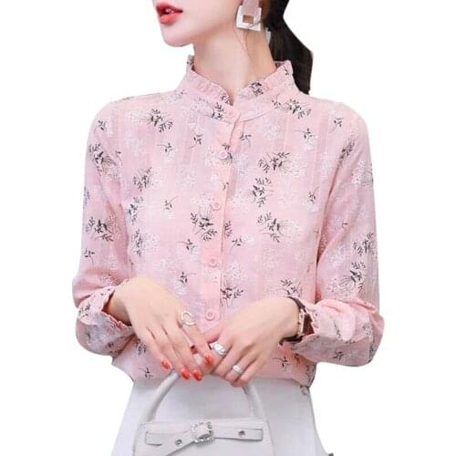 Womens Spring Autumn Cotton Blouses Shirt Womens Turtleneck Printed Button Long Sleeve Elegant Casual Tops DD9048