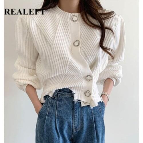 REALEFT Vintage Womens Sweaters Korean Style Stylish Irregular Buttons Broken Edge Long Sleeve Casual Pullovers Knitted Tops