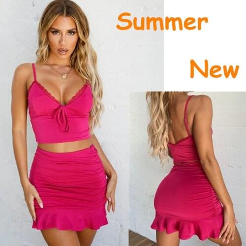 Women V-Neck Lace Tank Top and Ruffles Skirt Set Summer Sexy Party Club 2 Pieces Set Spaghetti Strips Crop Top+Mini Skirts Suit
