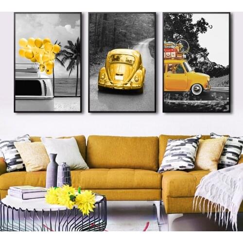 Golden Car Balloon Outdoor Scenery Poster Picture Wall Art Nordic Style Canvas Painting and Prints for Bedroom Home Decor