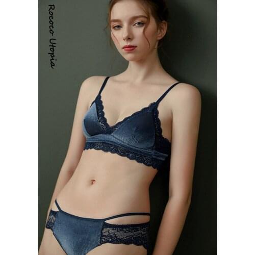 2020 New Velvet Bras Lace Lingerie Set Blue Thin Cotton Brassiere Women Underwear Set Wire Free Embroidery Sexy Bra Panties Sets