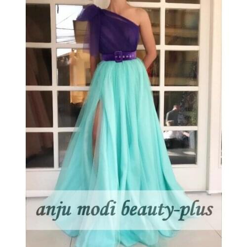 2021 Long Tulle One Shoulder Prom Dresses High Split Sleeveless Formal Evening Party Ball Gown Robe De Soiree