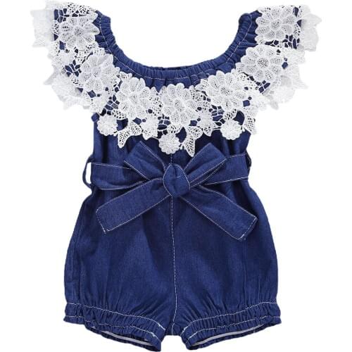 Baby Summer Clothing Baby Girl Denim Romper Front Bowknot Lace Flower Ruffle Jumpsuit Outfits