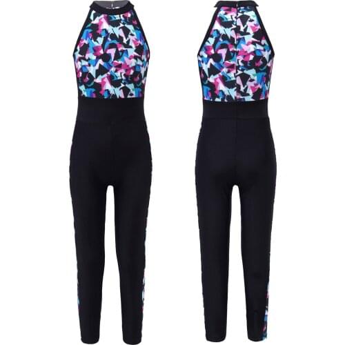 Kids Girls Ballet Dancewear Jumpsuit Printed One Piece High Waist Gymnastics&Workout Jumpsuit Bodysuit for Stage Performance