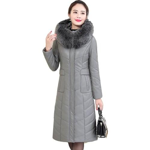 Genuine leather down jacket woman long thick warm parka leather overcoat plus size real fur collar hooded winter jacket female
