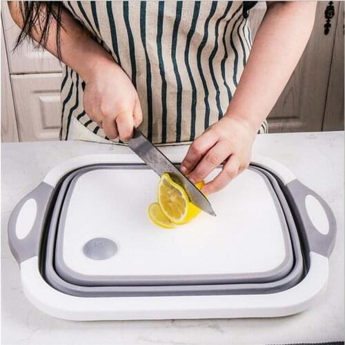 Multifunctional 3 In 1 Folding Silica Gel Cutting Board Kitchen Supplies Foldable Drain Basket Chopping Blocks Washing Basket