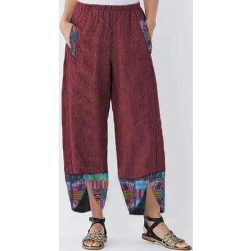 Fashion Patchwork Floral Print Vintage Pants Women Hight Elastic Waist Bohemia Wide Leg Pockets Irregular Female Trousers