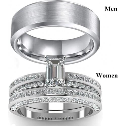 Fashion Couple Rings Simple Geometric Zironia Womens Ring Set Charm Stainless Steel Mens Ring Jewellery Love Gift