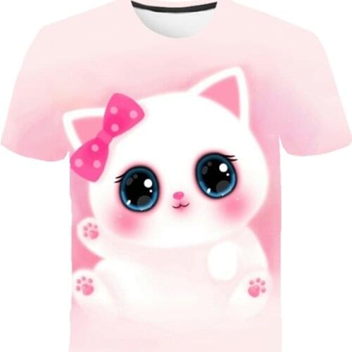 2021 New Childrens Clothing Boy Casual Fashion Short-Sleeved Girl Sweet Cute T-Shirt 3D Printing Cat Animal Pullover Tops