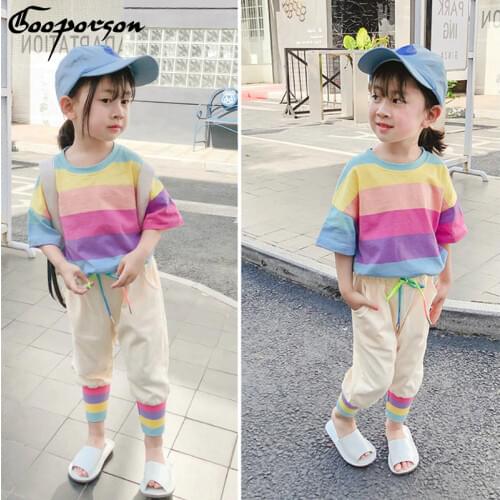 2019 New Summer Outfits Suit Rainbow T Shirt and Long Pants Tracksuit for Kids Baby Clothing Set Fashion Style Basic Sets