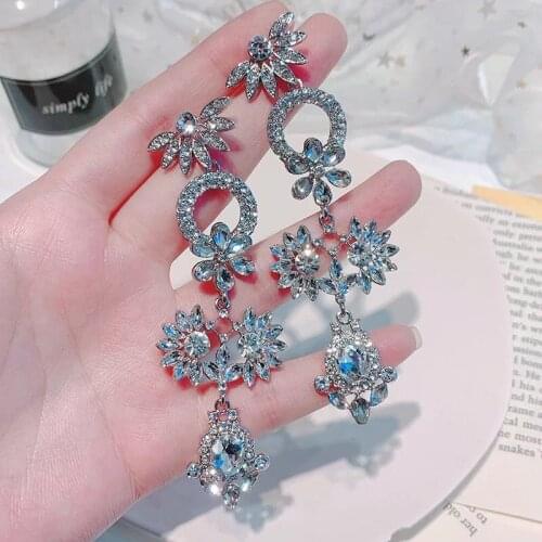 New Vintage Luxury Crystal Waterdrop Flower Dangle Earrings For Women Students Elegant Party Jewelry
