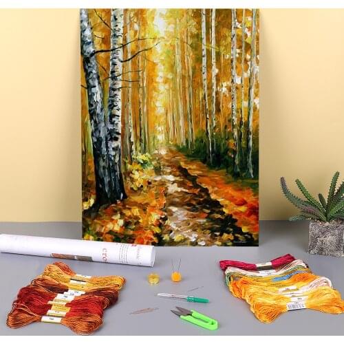 Autumn Birches Printed Water-Soluble Canvas 11CT Cross-Stitch Embroidery Complete Kit DMC Threads Painting Sewing Gift