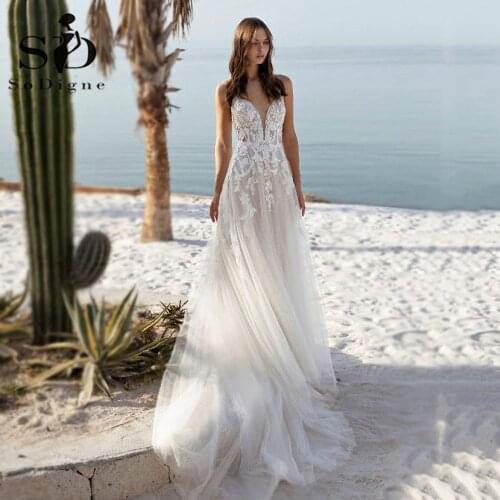 SoDigne Bohemian Wedding Dresses 2021 Sexy V-Neck Appliques Lace Spaghetti Strap A-Line Beach Princes Wedding Bridal Gown