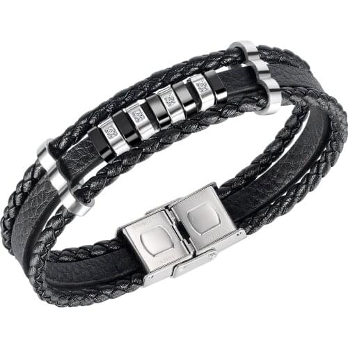 Cyue European Men Boy Punk Braided Leather Bracelet Black Charm With CZ Stainless Steel Button Wristband Jewelry ZYLB0190